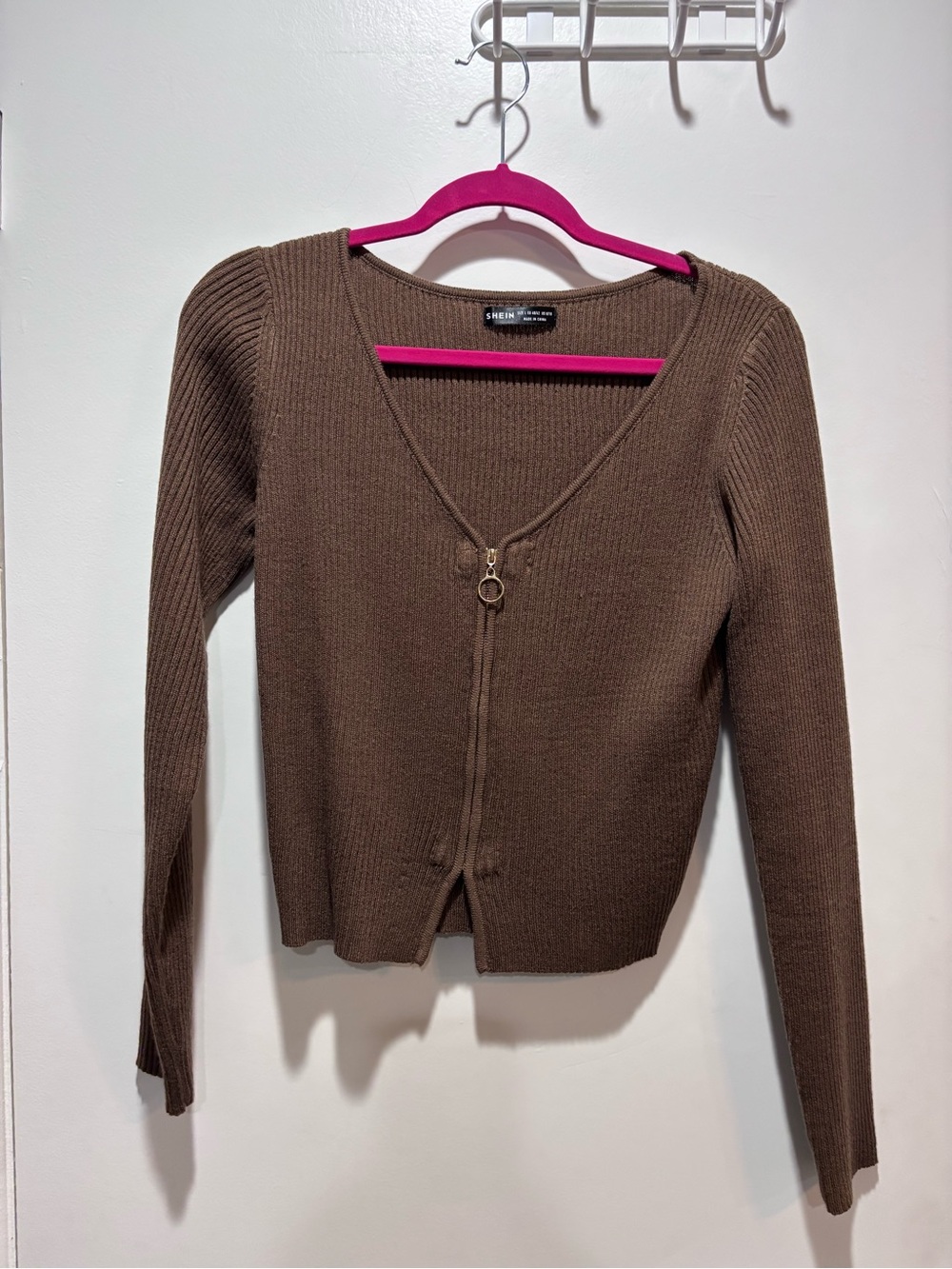 SHEIN Brown Ribbed V-Neck Zip-Front Sweater